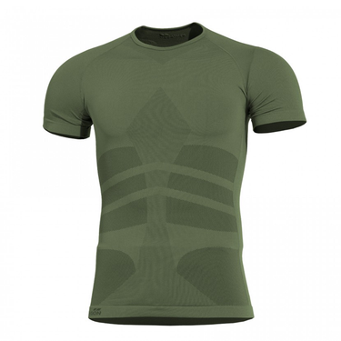Green knitted t-shirt with camo-style geometric graphic on the front