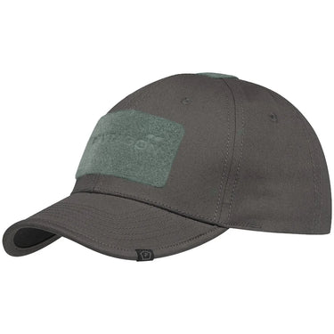 Tactical twill BB cap in dark gray with green front patch and curved brim