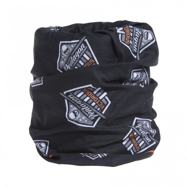 All-weather neck gaiter in black with large patch logos, orange trim