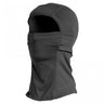 Black balaclava hood with face opening and contoured stitched panels, stretch fit