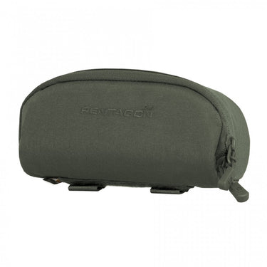 Olive green sunglasses pouch with zipper, woven texture and embossed logo