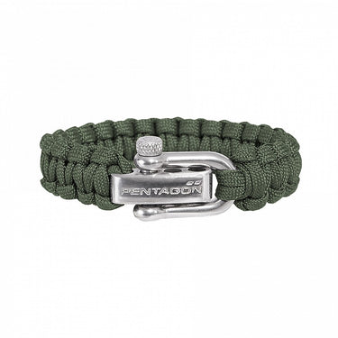Dark green braided tactical survival bracelet with silver clasp and engraved logo.