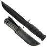 Ka-Bar utility knife with black handle and serrated edge, in black leather sheath
