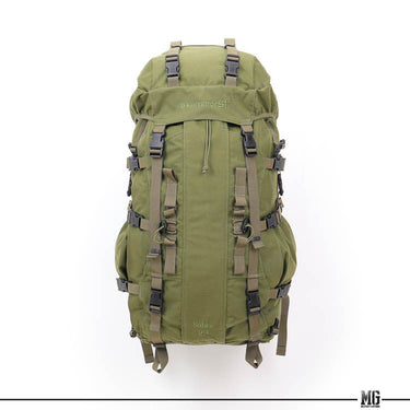 75L rucksack in olive drab with front straps and adjustable buckle webbing