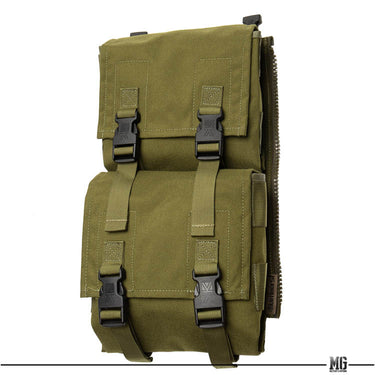 Olive tactical side pouch with dual front panels, webbing straps, and side zipper