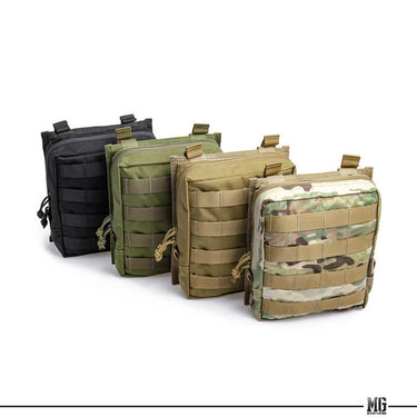 Assorted utility pouches in black, olive, tan, and camouflage with MOLLE panels
