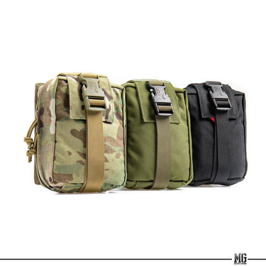 Multi-color utility pouches set: camo, olive, and black medical pouches with clips