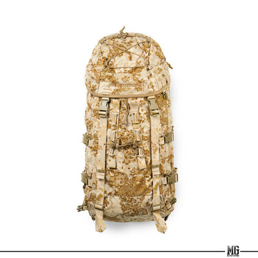 Karrimor SF Sabre 45L rucksack in tan digital camo, front with MOLLE webbing