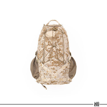 Tan camouflage 25L rucksack with padded shoulder straps, top handle, and front organizer panel