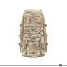 Multicam rucksack with front zip panel, buckles, and webbing straps; large 75L style pack.