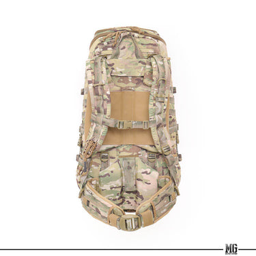 Multicam 75L rucksack, side view with padded back panel, straps, and secured top flap.