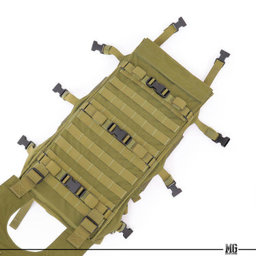 Olive heavy load carrier with modular webbing panel and adjustable straps