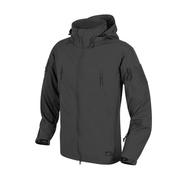 Dark gray softshell jacket with full-zip front and hood, zippered chest and sleeve pockets
