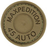 Round PVC patch, olive backing with Maxpedition 45 Auto text and stitching border