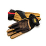 Pair of leather work gloves with black back, brown palms, and hook-and-loop wrist tab