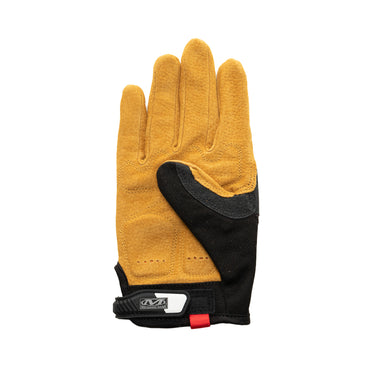 Work glove in brown suede with black back panel and hook-and-loop wrist strap
