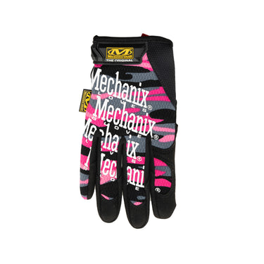 Women’s Mechanix Wear original gloves, pink camo graphic with textured grip and wrist strap