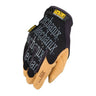 Abrasion-resistant work gloves in black and tan with large lettering on back