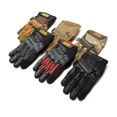 M-Pact work gloves shown in multiple colors: black, tan, camo, and black/red