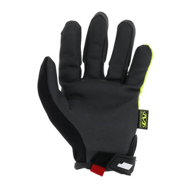 Black work gloves with neon yellow fingertips, wrist strap, and logo label on back