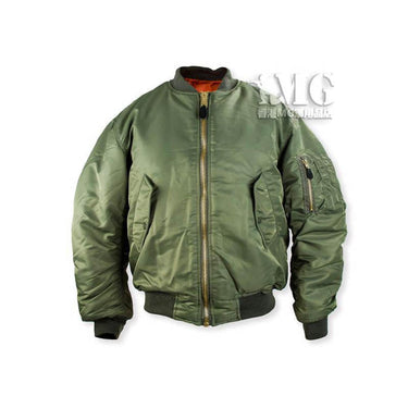 Olive MA-1 flight jacket, full-zip front with utility pockets and ribbed cuffs