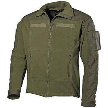 Olive green combat fleece jacket with hood, full-zip front, and zipped arm pocket