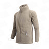 Tan fleece jacket with stand collar, full zip front, and two zip pockets
