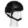Black tactical MICH helmet with rail and chin strap, foam padding on head form.