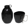 Black military-style canteen with matching cup and metal carry handle