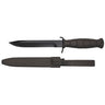 Survival knife with dark handle and black plastic sheath, straight blade and guard