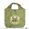 Collapsible recycle bag, olive green with carry handle and front printed emblem.