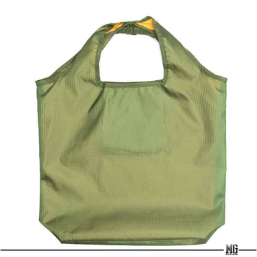 Collapsible recycle bag, olive green with carry handle, no graphic visible on this angle.