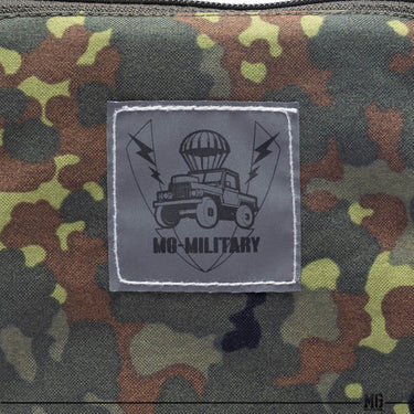 Flecktarn tablet pouch front logo patch with stitched border on camouflage fabric