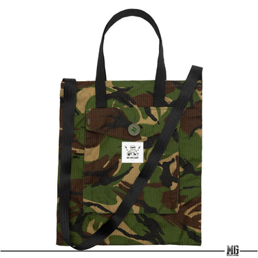 Tactical tote bag with green camo print, front pocket, and black webbing shoulder straps