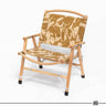 Wooden foldable camping chair with desert camo fabric seat and back, black feet