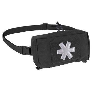Black tactical medical kit pouch with waist strap and white cross patch