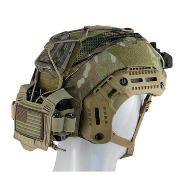 Multicam tactical helmet cover with tan face shield and side storage pouches