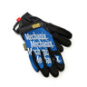 Blue and black Mechanix work gloves with red wrist pull tab