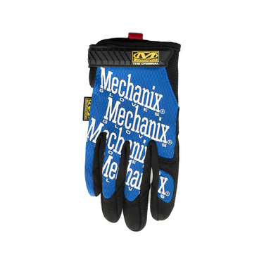 Blue and black work gloves with brand logo patch on back of hand