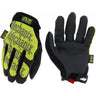 Pair of hi-viz yellow and black Mechanix Wear gloves with molded knuckle and logo patches