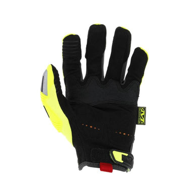 Black work gloves with hi-vis yellow side panels and red wrist tab, hook-and-loop cuff