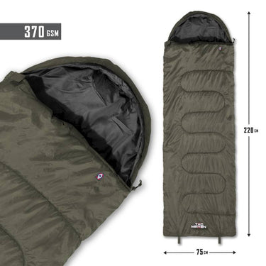 Gray-green sleeping bag with hood and stitched baffle chambers, zipper and draw cord