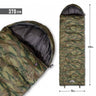 Camouflage sleeping bag with hood and stitched baffle chambers, zipper and draw cord