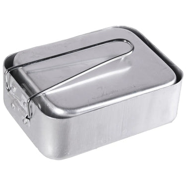 Silver aluminum mess tin with hinged lid and clasp handle loop