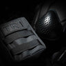 Tactical respirator with perforated face cover and black carry pouch with strap