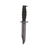 Combat knife with dark handle, metal blade, and ring at pommel