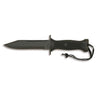 Combat knife with dark textured handle and matching sheath with lanyard strap