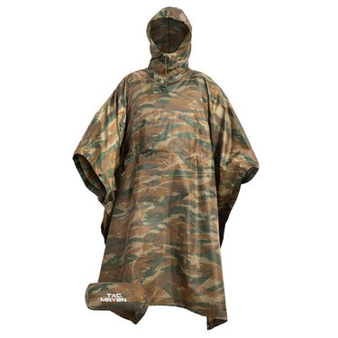 Camouflage hooded poncho with front center panel and wide cape sleeves.