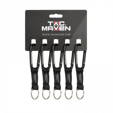 Set of five black strap carabiners on retail card with metal hooks