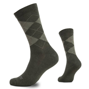 Crew socks in olive with argyle diamond pattern; ribbed cuff and cushioned sole